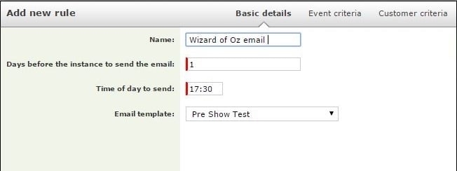 Screenshot of the Spektrix system, where a pre-event email can be scheduled and a specific template assigned