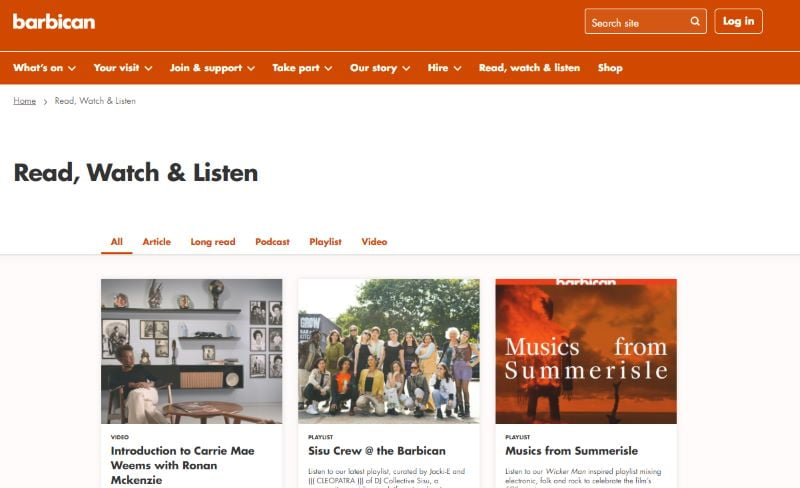 a screenshot of the Barbican's Read, Watch & Listen page with pieces of performance arts marketing content