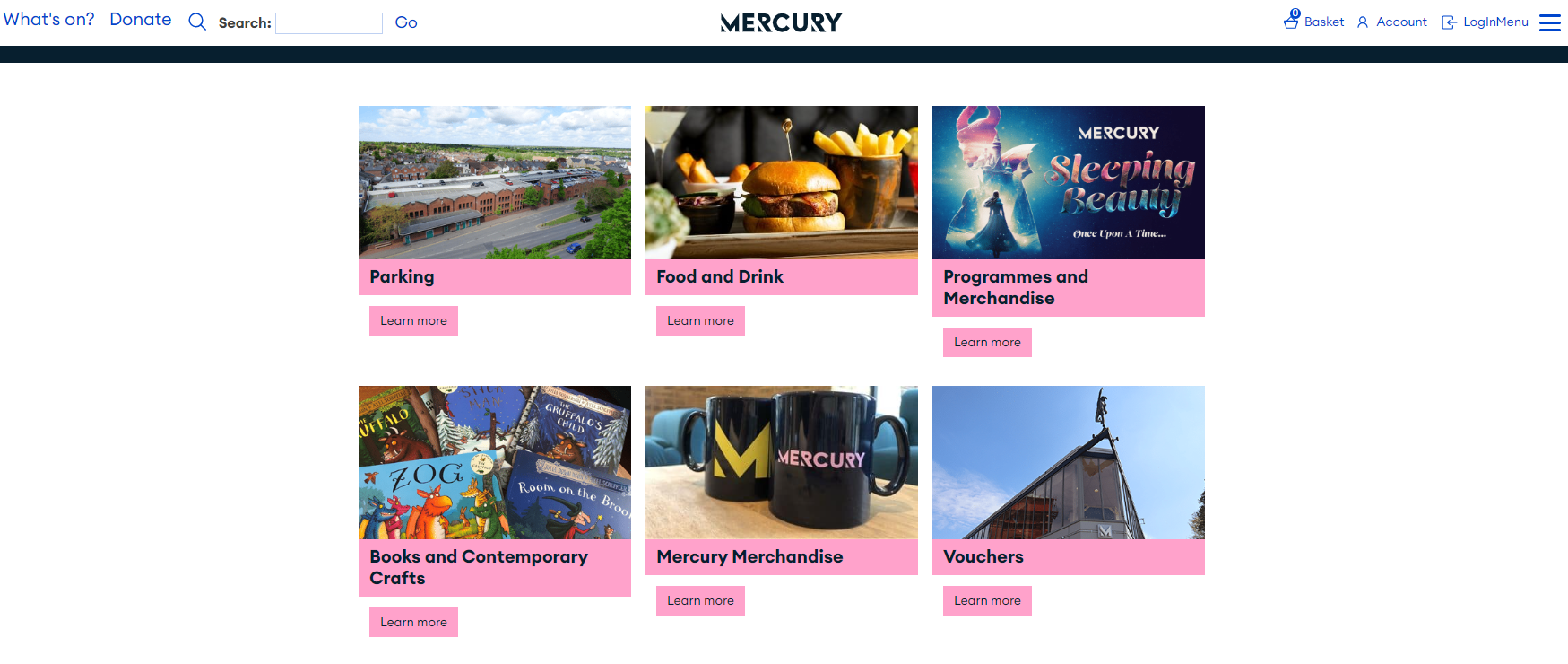 a screenshot of Mercury Theatre's website showing categories for food & drink, merchandise, parking, programmes, and more
