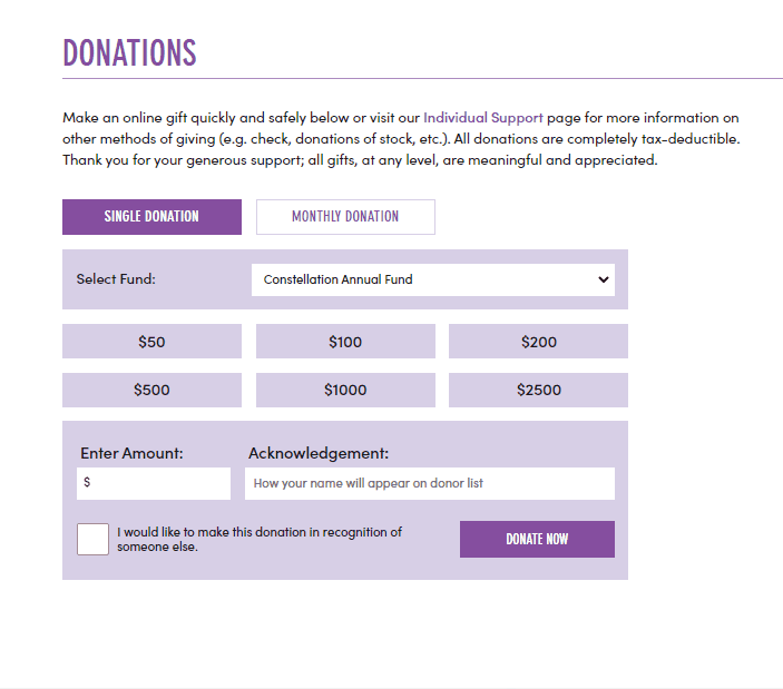 Constellation Stage and Screen let online donors select monthly or annual donations at five tiers, and apply their gift to a fund of their choice