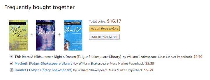 A cross selling suggestion on Amazon to purchase multiple works of Shakespeare.