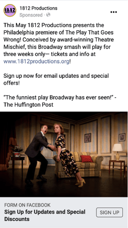 A sponsored social post inviting new leads to subscribe to news from 1812 Productions in New York