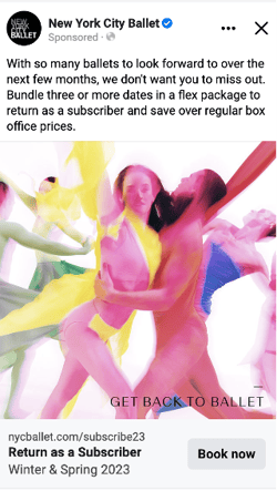 A sponsored social post inviting previous subscribers to return to New York City Ballet