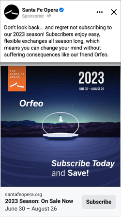 A sponsored social post drawing on opera storylines to urge previous subscribers to return to Santa Fe Opera