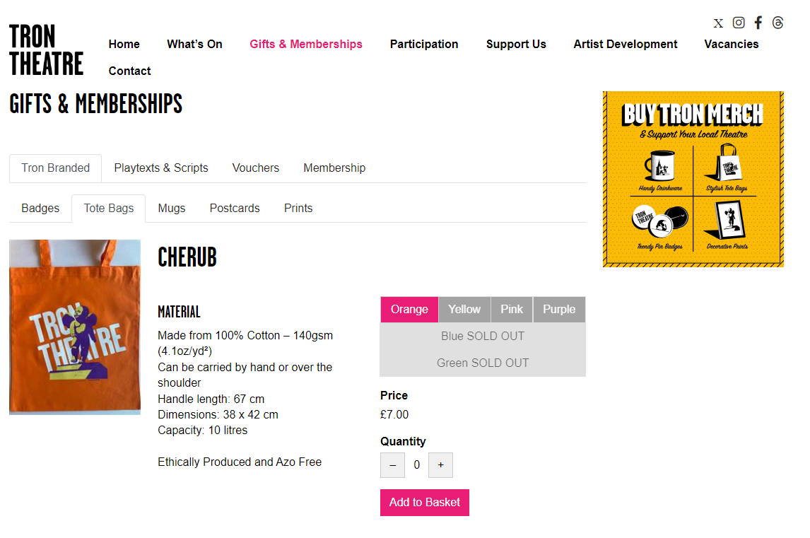 a screenshot of Tron Theatre's merch page showing a tote bag