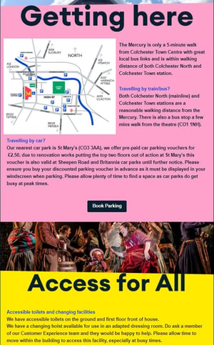 An example of a pre- event email featuring sections on how to get to the theatre and access information.