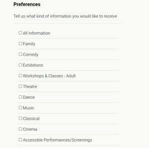 A dropdown menu for audience members to share their preferences as to what kinds of communications they would like to receive from an organization. 