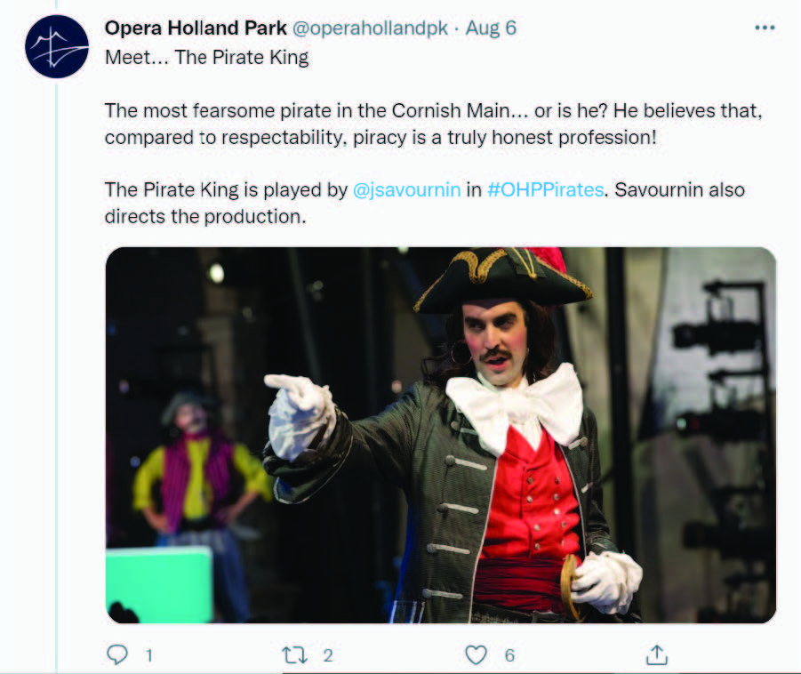 Twitter post by Opera Holland Park introducing the Pirate King, the most fearsome pirate in the Cornish Main