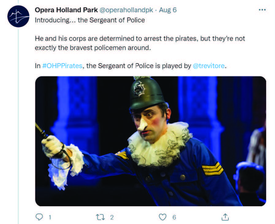 Twitter post by Opera Holland Park introducing the Sergeant of Police, determined but not exactly brave