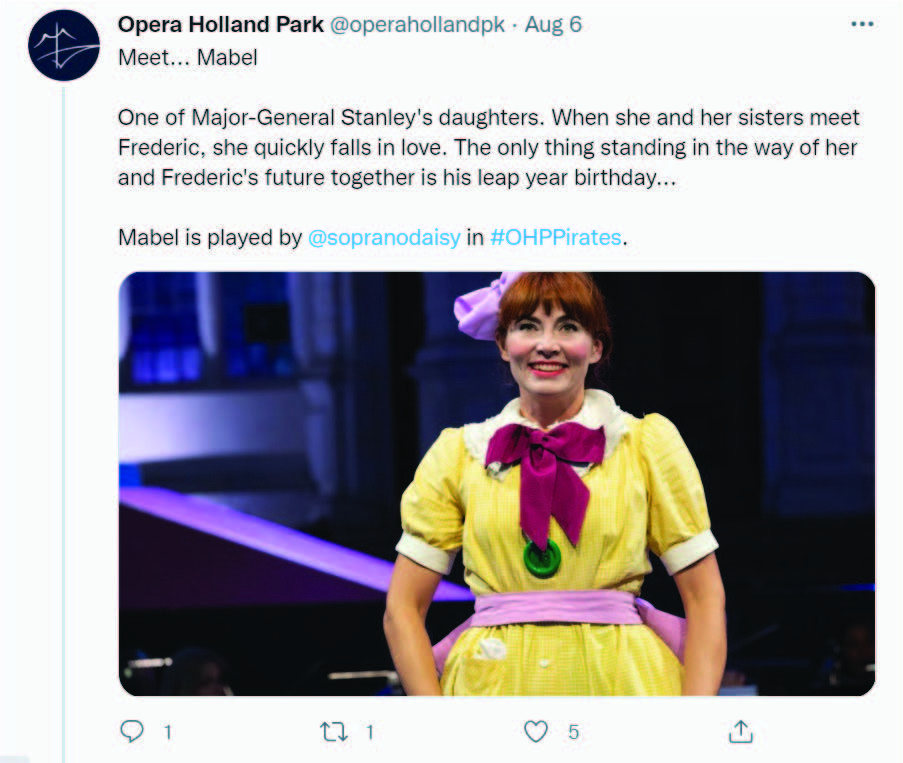 Twitter post by Opera Holland Park introducing Mabel, daughter of the Major-General and lover of Frederic