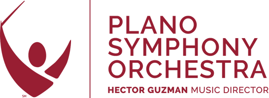 Plano Symphony Orchestra logo in burgundy with an illustration of a conductor. 