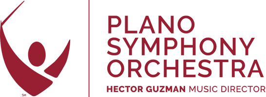 Plano Symphony Orchestra logo in burgundy with an illustration of a conductor. 