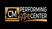 CM Performing Arts Center, white and gold on a black background with icons of stars and theatre curtains