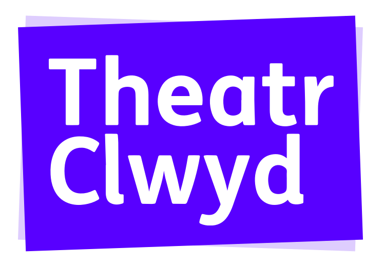 Theatr Clwyd written in white font on an electric purple rectangle.