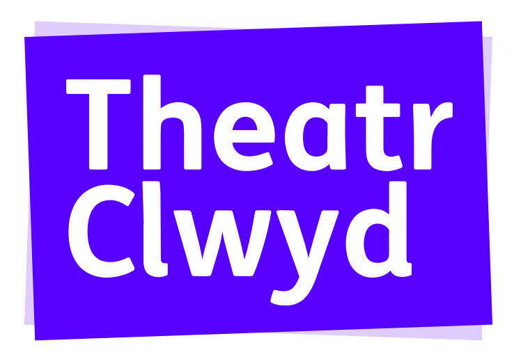 Theatr Clwyd written in white font on an electric purple rectangle.