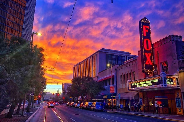 Exterior of Fox Tucson Theatre, Arizona, at sunset