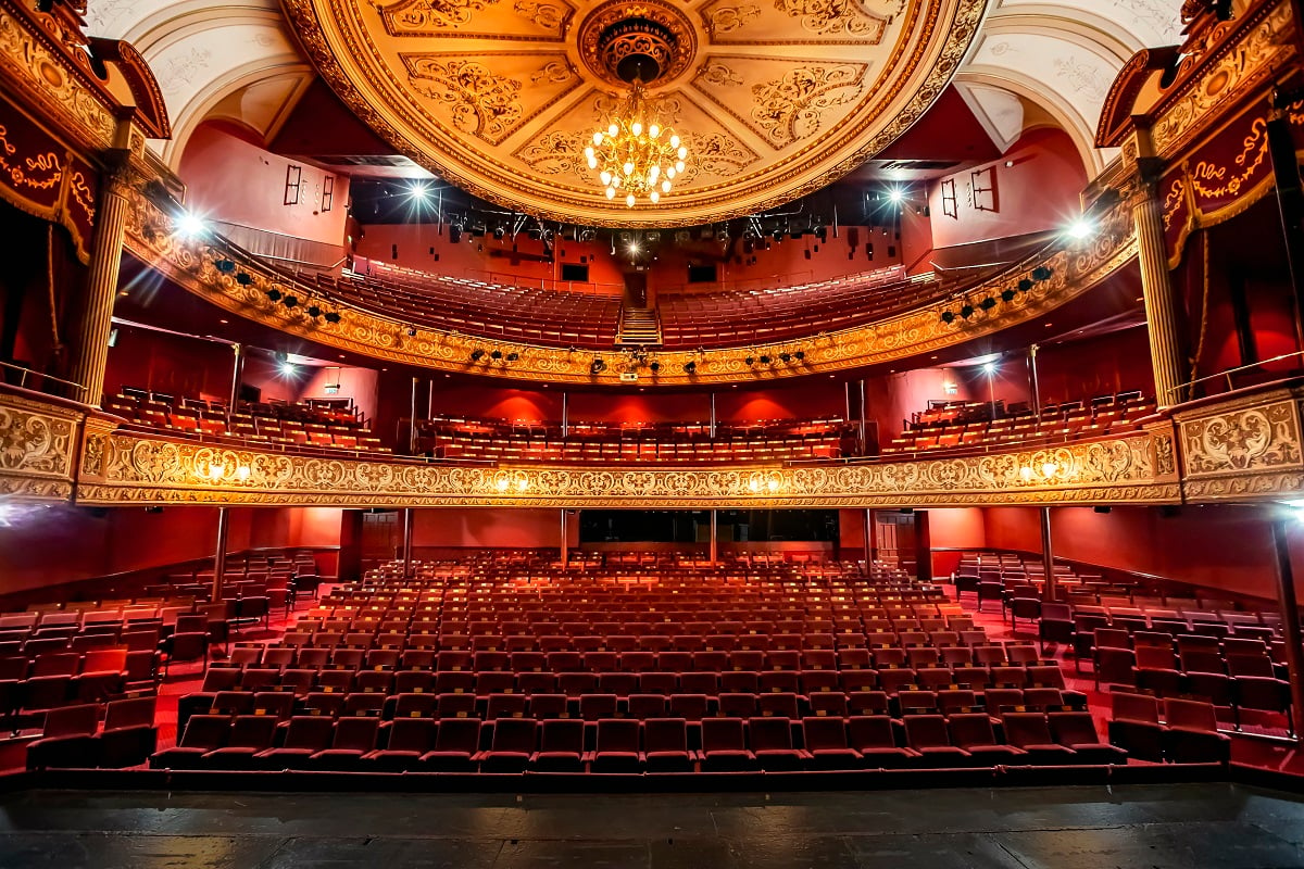 The traditional three tier, red and gold Victorian auditorium at Wolverhampton Grand Theatre, seen from the stage
