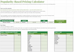 Screenshot of a tool built in Google sheets, designed to help benchmark average event prices by genre, month and day of the week