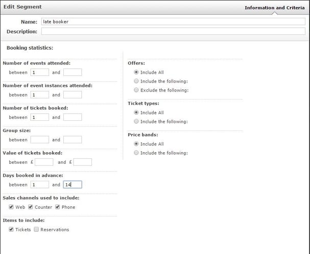 Screenshot of the Spektrix system, showing how audiences can be segmented to minute detail, including by number of tickets booked, number of events attended, group size and sales channel