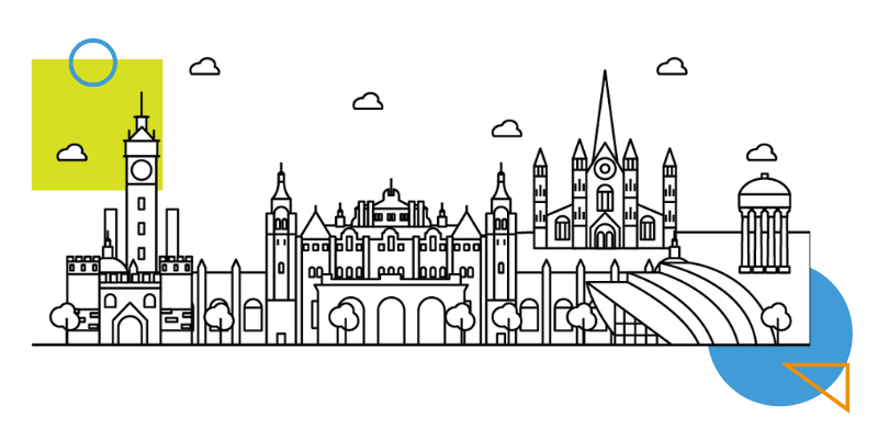 An outline of Glasgow landmarks with colorful shapes.