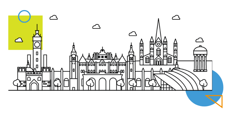 An outline of Glasgow landmarks with colorful shapes.