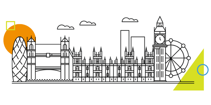 An outline of London landmarks with colorful shapes.