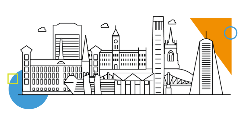 An outline of Manchester landmarks with colorful shapes.