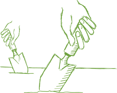 Hands working together to dig in the dirt with spades