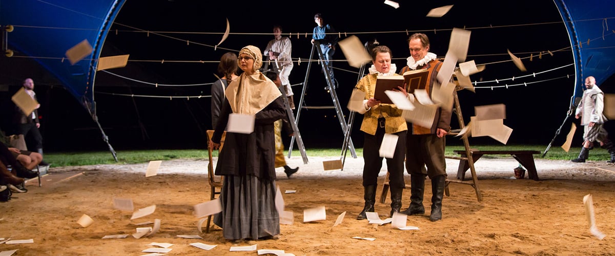 Actors portraying a scene from The Book of Will at Hudson Valley Shakespeare