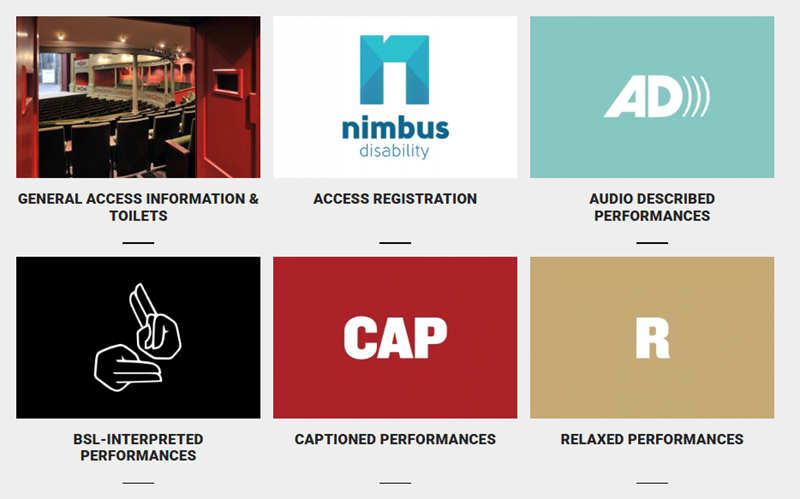 The Access Information page at Bristol Old Vic, showing physical venue access guidance and listings for audio described, captioned, relaxed, and sign-language interpreted events