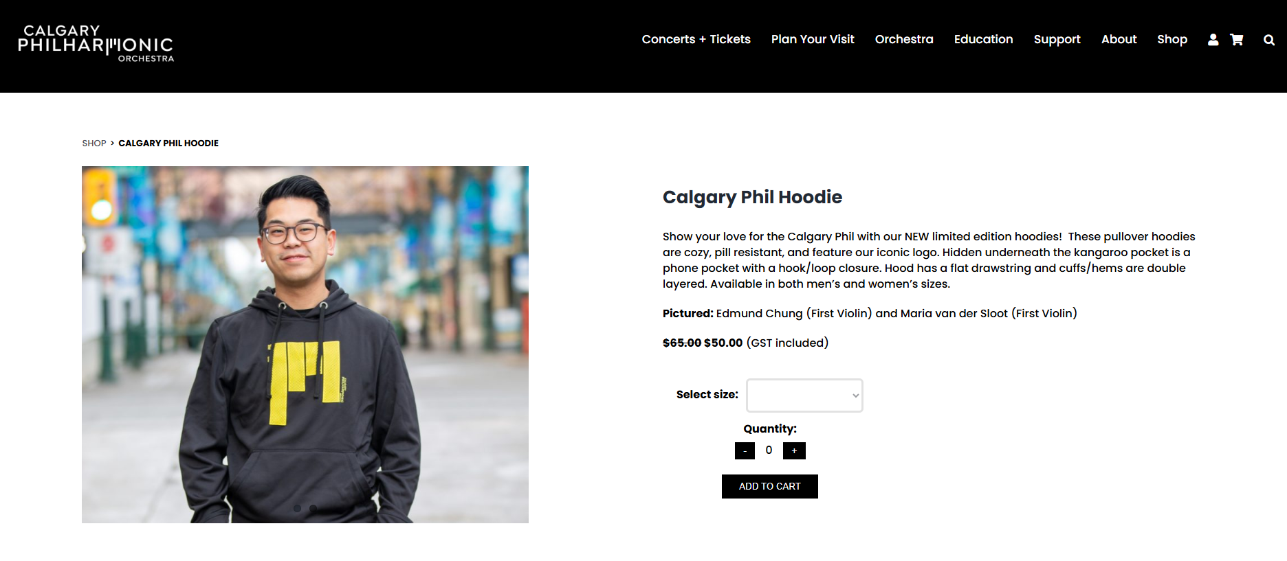 A shopping page on the Calgary Philharmonic website, inviting visitors to purchase orchestra merchandise online
