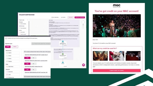 Screenshot of a credit reminder email sent by Midlands Arts Centre, and the automated program that segments and drives it through Spektrix.