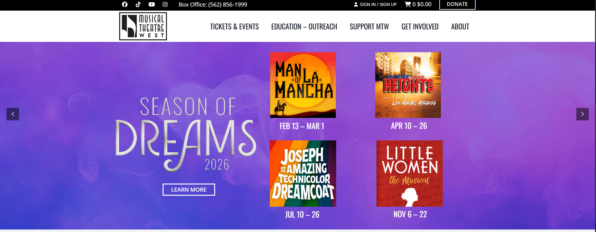 Website banner for Musical Theatre West's 2026 season, including In the Heights, Joseph & the Amazing Technicolor Dreamcoat, and more