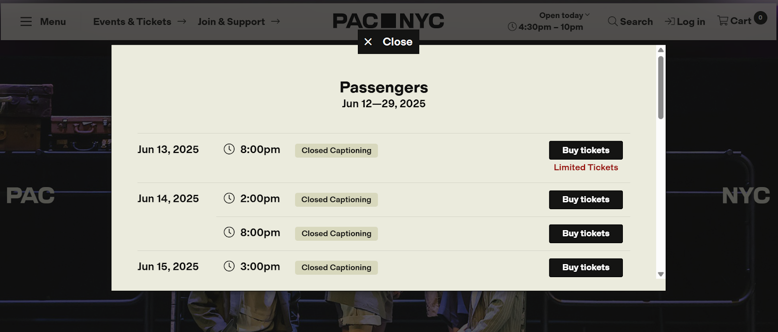 The PAC NYC website, providing a focused ticket buying window with clear contrast, ticket availability, and access information highlighted
