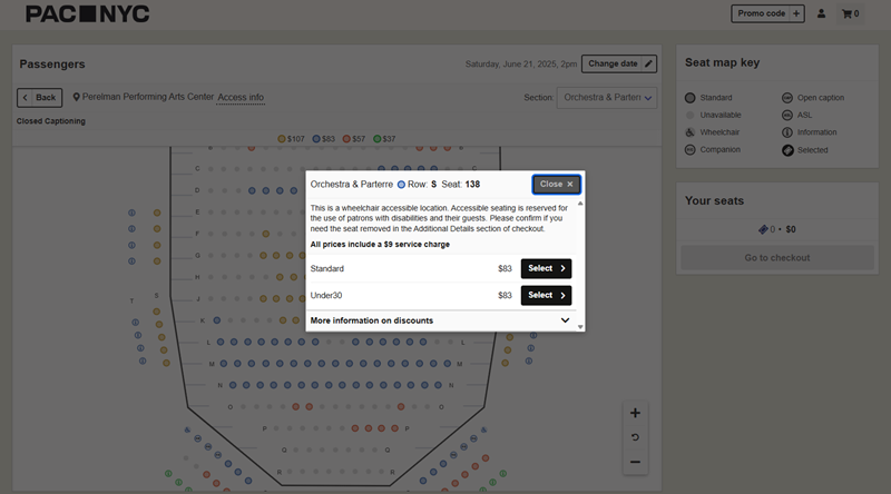 The seating plan for PAC NYC, showing clear access information and guidance for visitors with disabilities.