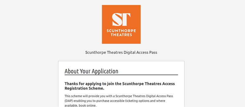 The registration form for disabled visitors to Scunthorpe Theatres, allowing them to register once for multiple visits and venues.