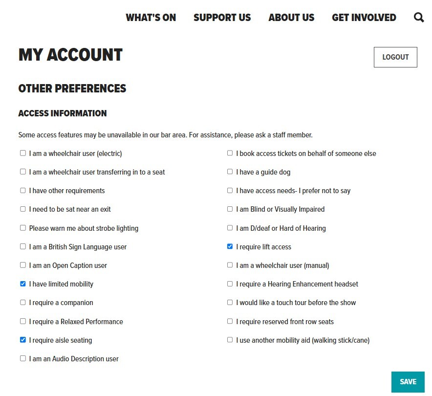 A list of self-selected access tags available on the Traverse Theatre's website.