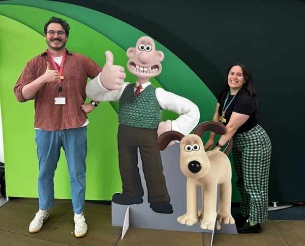 Allan Ramsay and Katie Daniel, the digital marketing team at Capital Theatres Edinburgh, pose with lifesize cutouts of Wallace and Gromit.