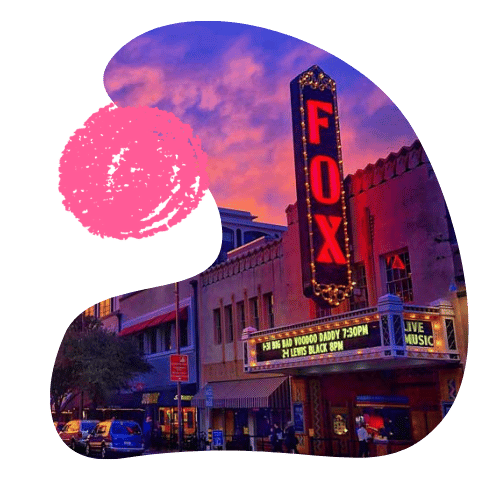 A huge red Fox sign lights the entrance to Fox Tucson Theatre's entrance