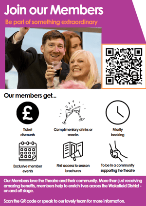 Theatre Royal Wakefield's membership leaflet promotes benefits including ticket discounts, priority booking, and complimentary refreshments
