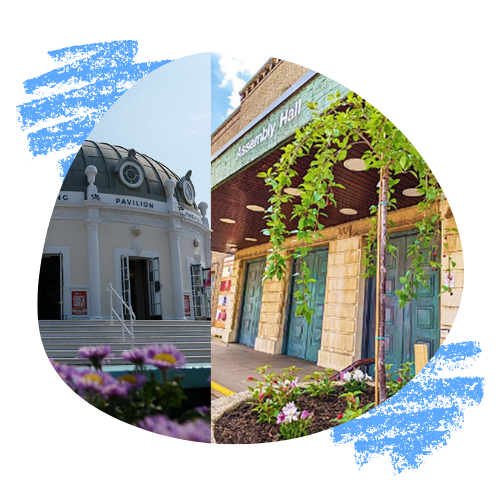 The facades of two Worthing Theatres venues: the striking round entrance to the Pavilion, and the modern, tree-lined front of the Assembly Hall.