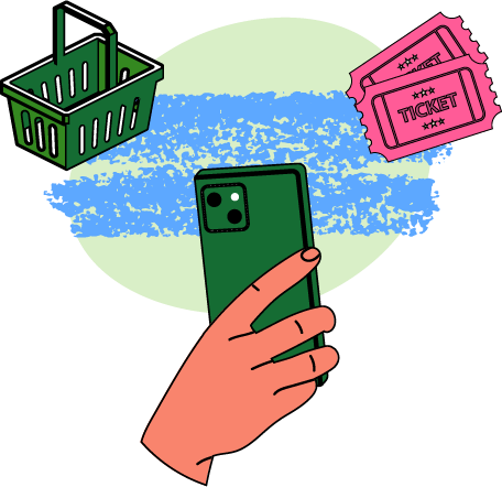 an illustration of a hand holding a phone with tickets and a shopping basket floating above it