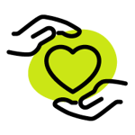 an icon of two hands around a heart to represent donations