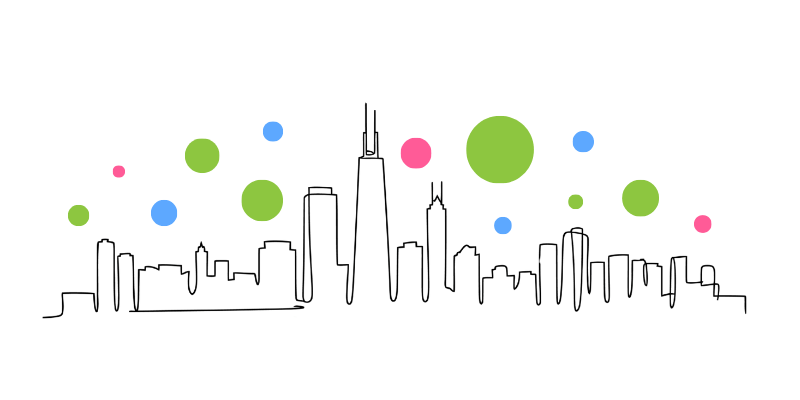 A line drawn outline of the Chicago skyline beneath green, blue, and pink circles.