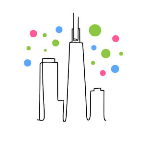 A graphic outline of part of the Chicago skyline below blue, green, and pink circles.