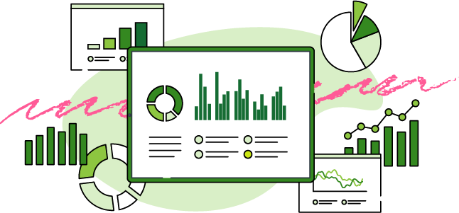 an illustration of floating reports and graphs to represent robust insights