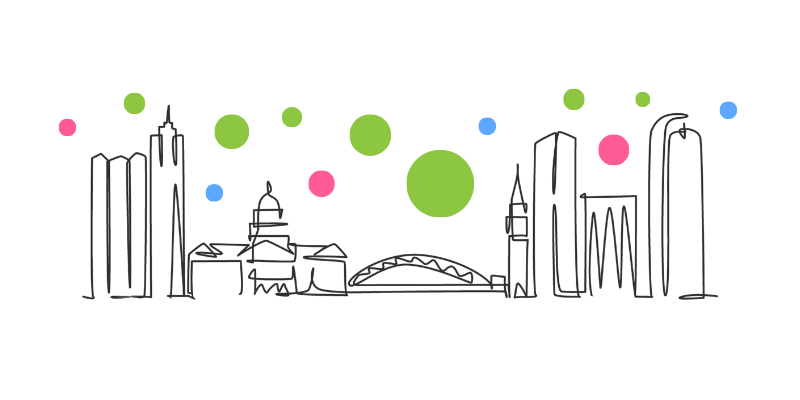 A line drawn outline of the Denver skyline beneath green, blue, and pink circles.