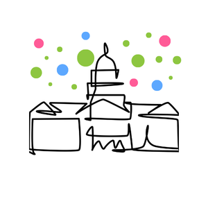 A graphic outline of a Denver landmark below blue, green, and pink circles.
