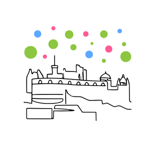 A graphic outline of Edinburgh's landmarks below blue, green, and pink circles.
