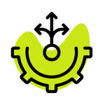an icon of a gear with arrows pointed in different directions to represent flexibility and integration